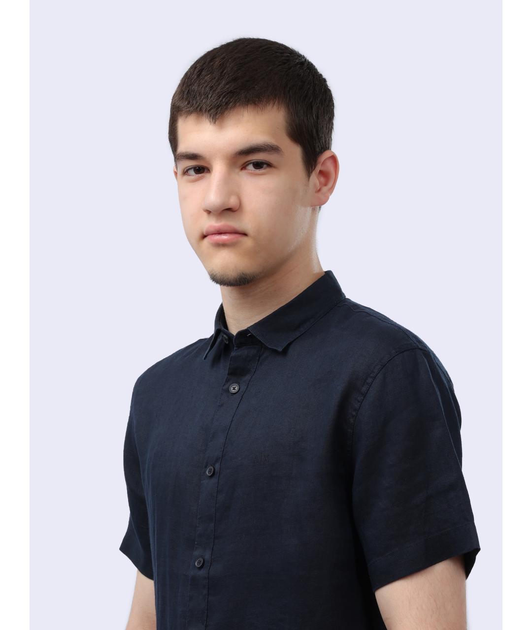 ARMANI EXCHANGE Темно-синяя льняная кэжуал рубашка, фото 3