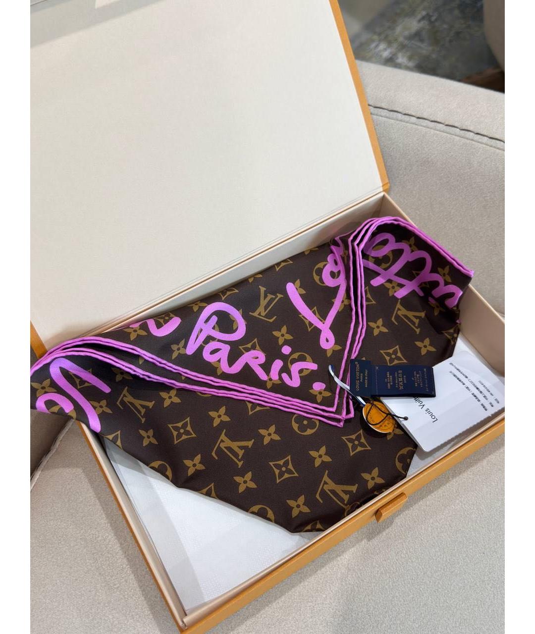 LOUIS VUITTON Коричневый шелковый платок, фото 2