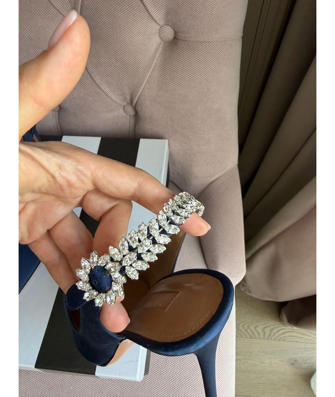 AQUAZZURA Темно-синие текстильные босоножки, фото 5