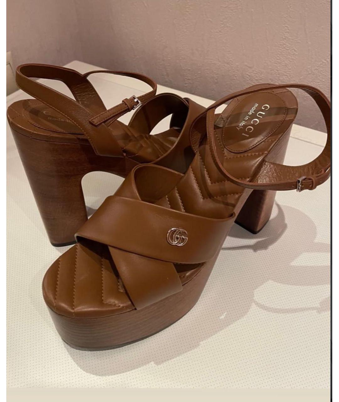 GUCCI Коричневые кожаные босоножки, фото 2