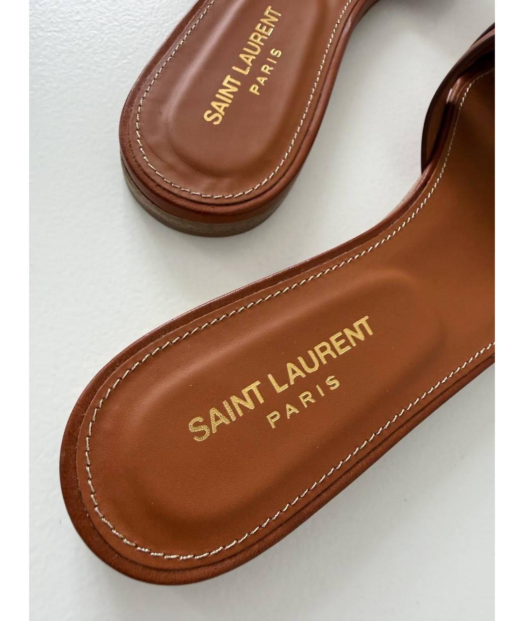 SAINT LAURENT Коричневые кожаные шлепанцы, фото 5
