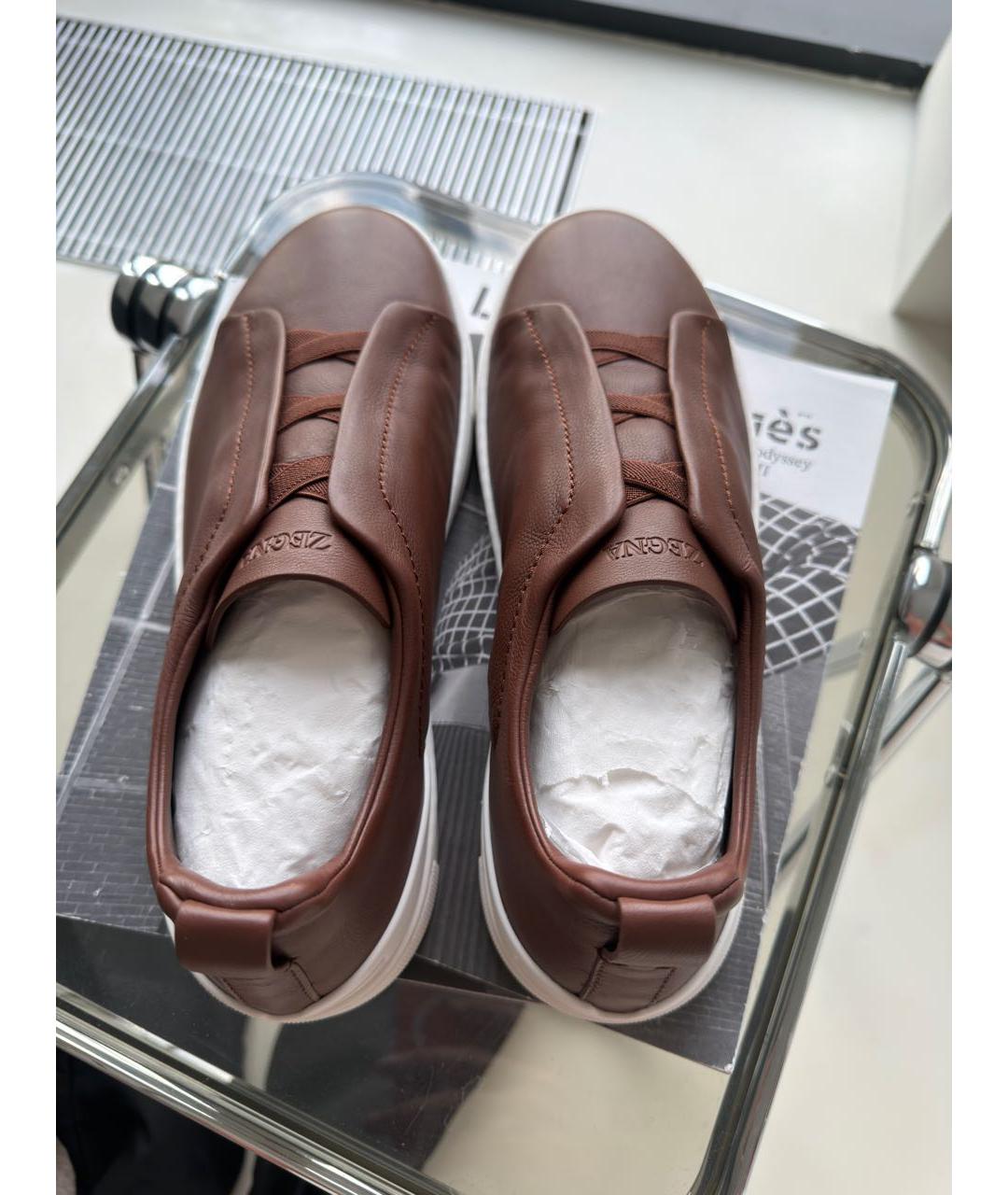ZEGNA Коричневые кожаные низкие кроссовки / кеды, фото 3