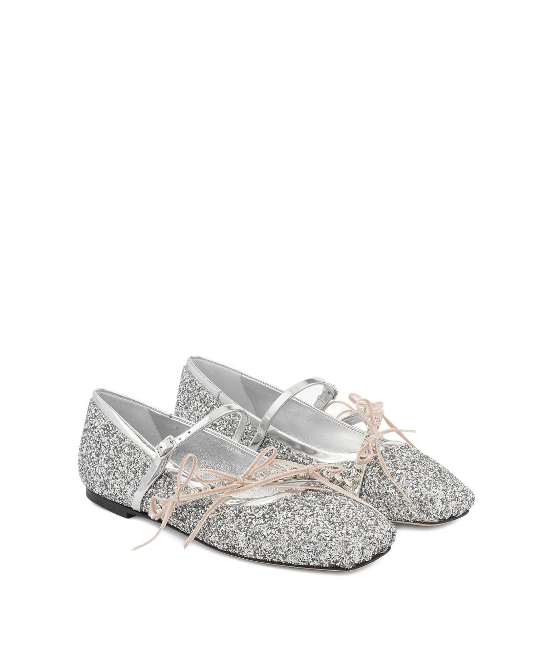 JIMMY CHOO Серебряные текстильные балетки, фото 2
