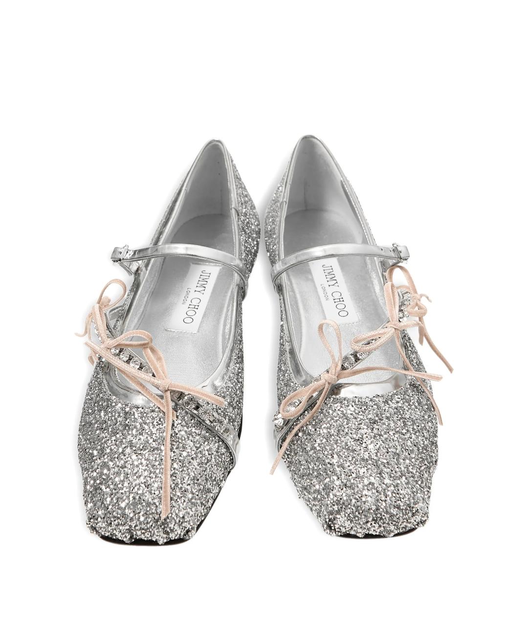 JIMMY CHOO Серебряные текстильные балетки, фото 5