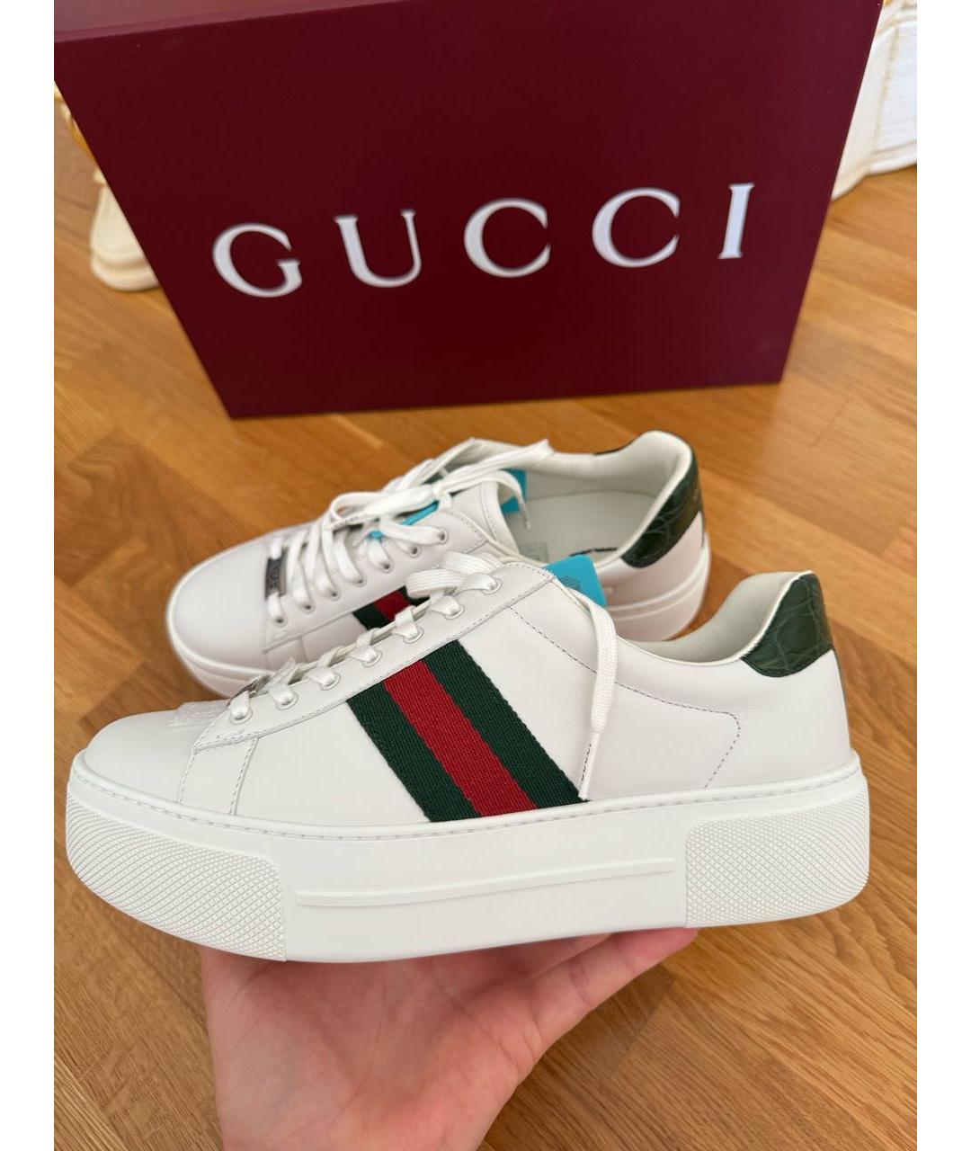 GUCCI Белые кожаные кроссовки, фото 4