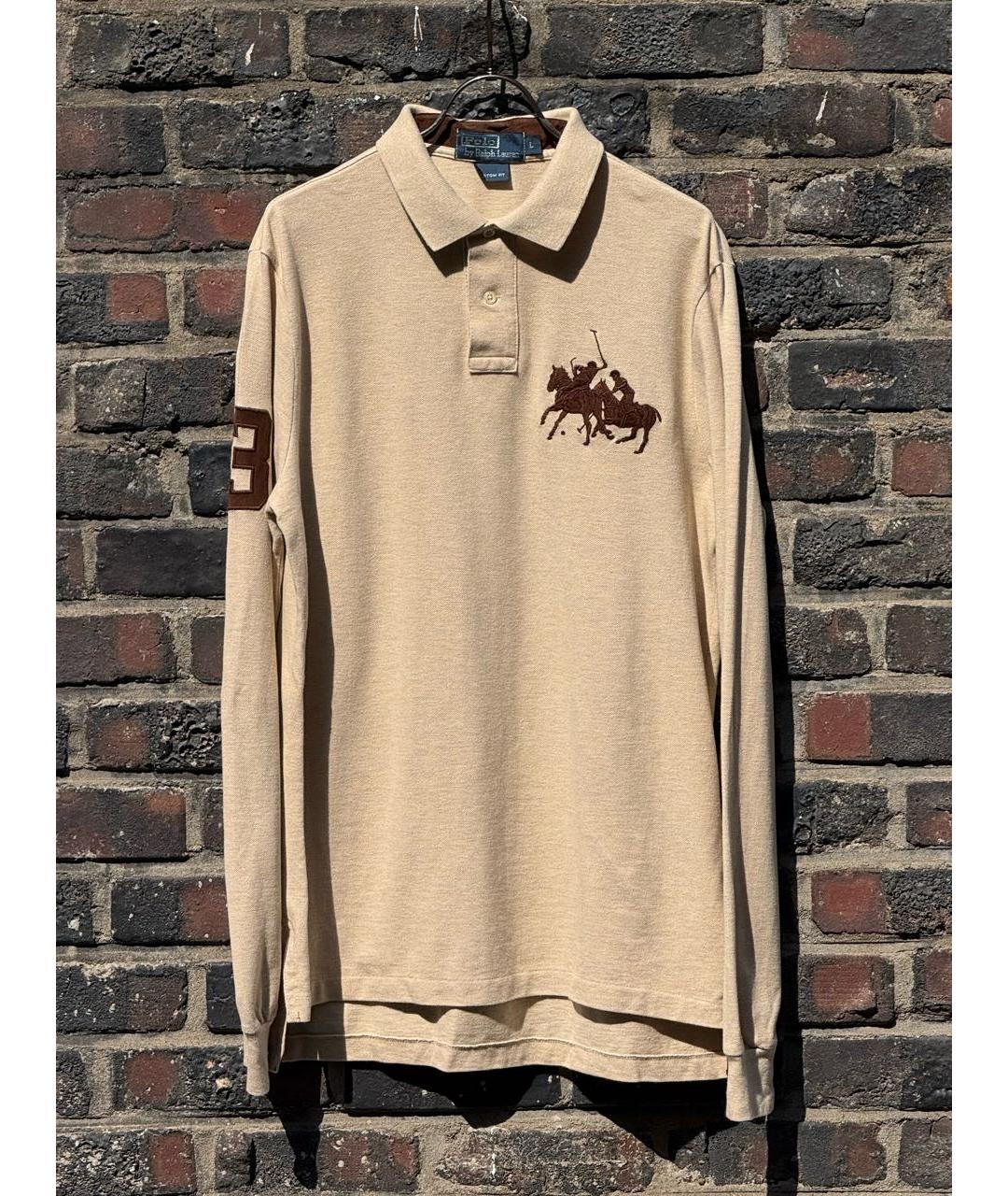 POLO RALPH LAUREN Бежевое хлопковое поло с длинным рукавом, фото 9