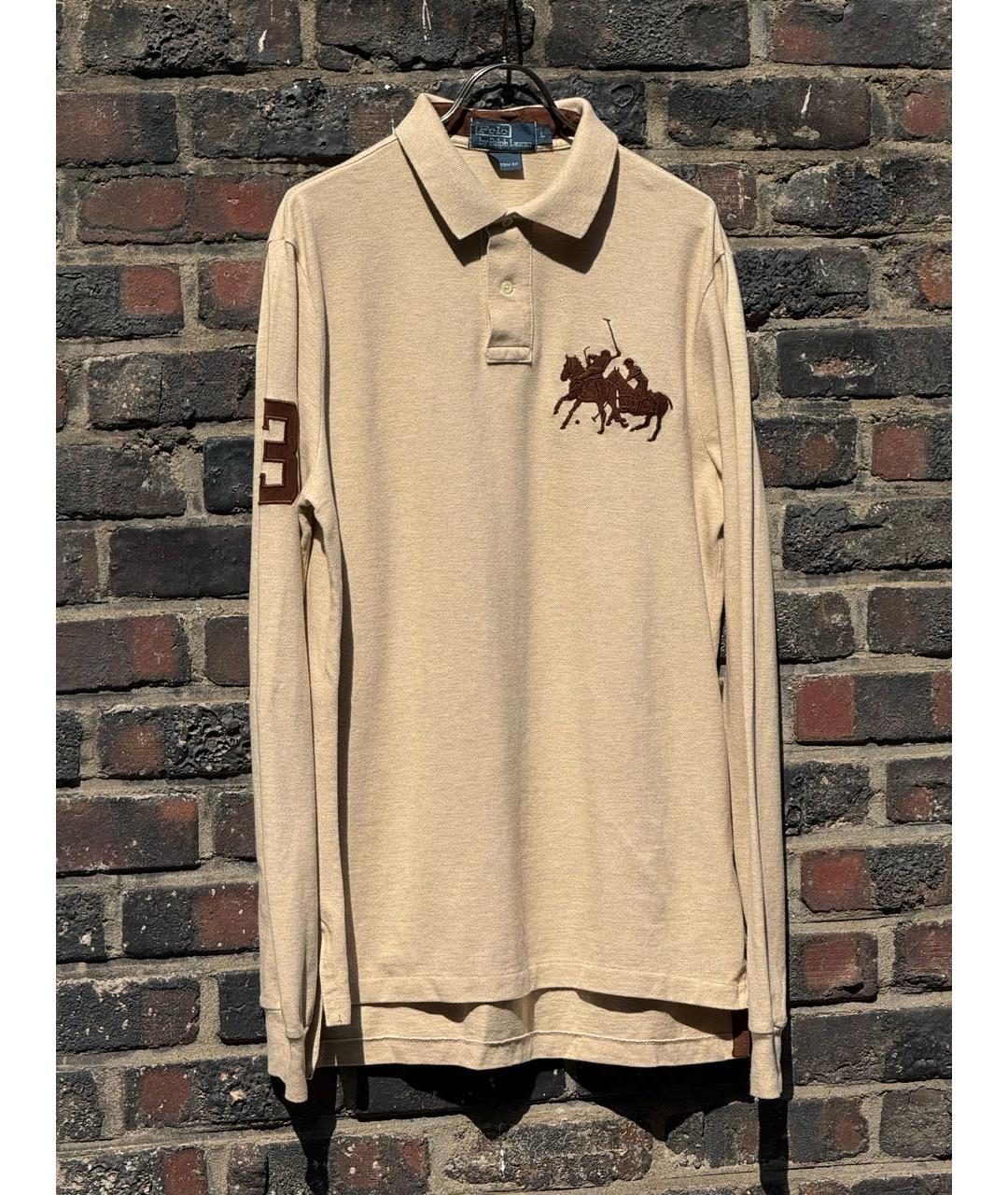 POLO RALPH LAUREN Бежевое хлопковое поло с длинным рукавом, фото 3
