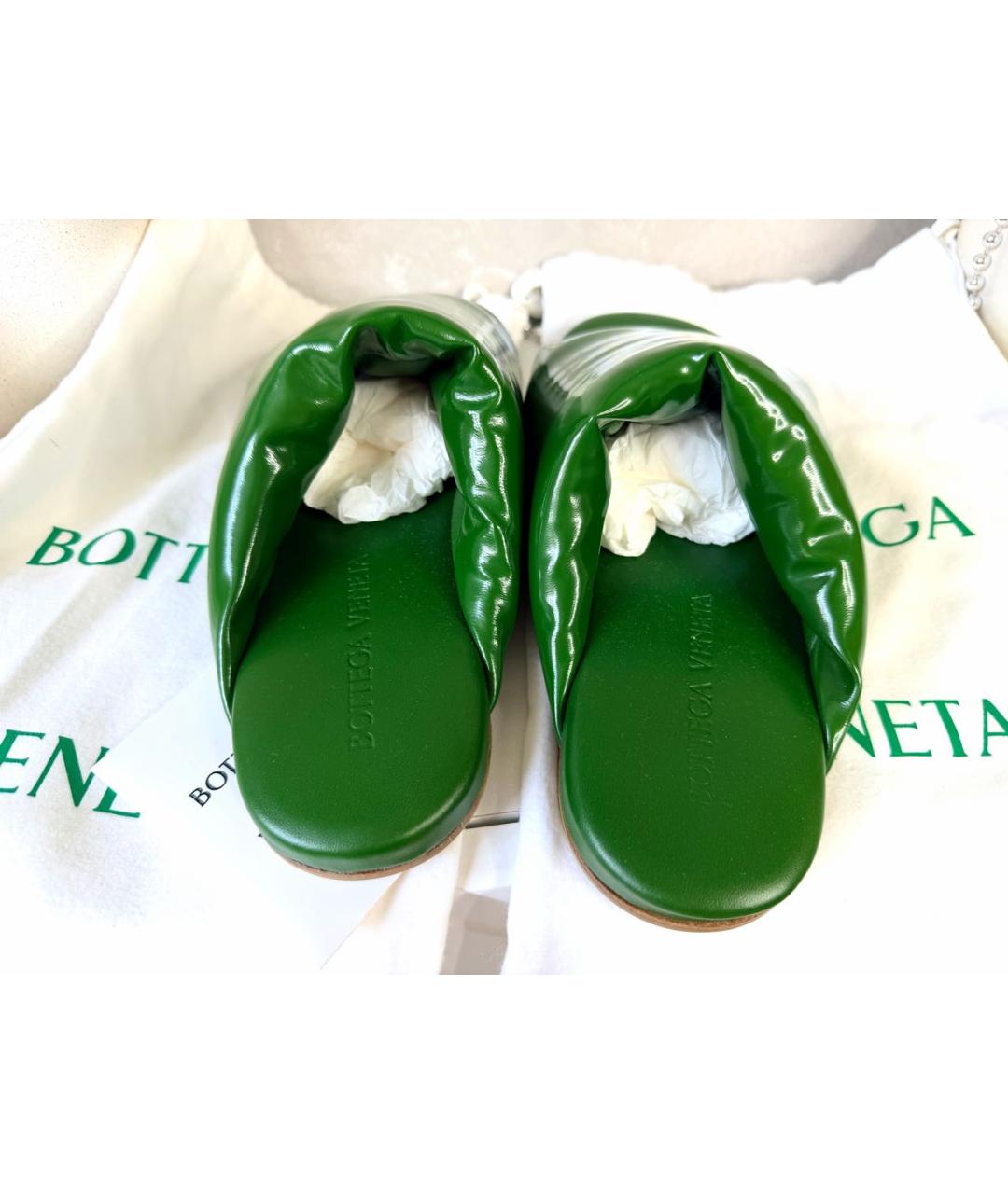 BOTTEGA VENETA Зеленые кожаные шлепанцы, фото 6