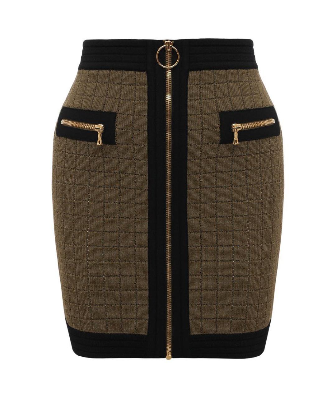 BALMAIN Хаки вискозная юбка мини, фото 1