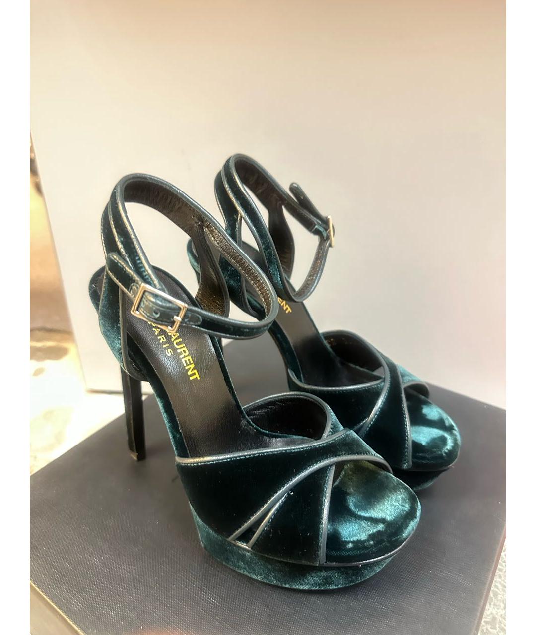 SAINT LAURENT Бирюзовые бархатные босоножки, фото 2