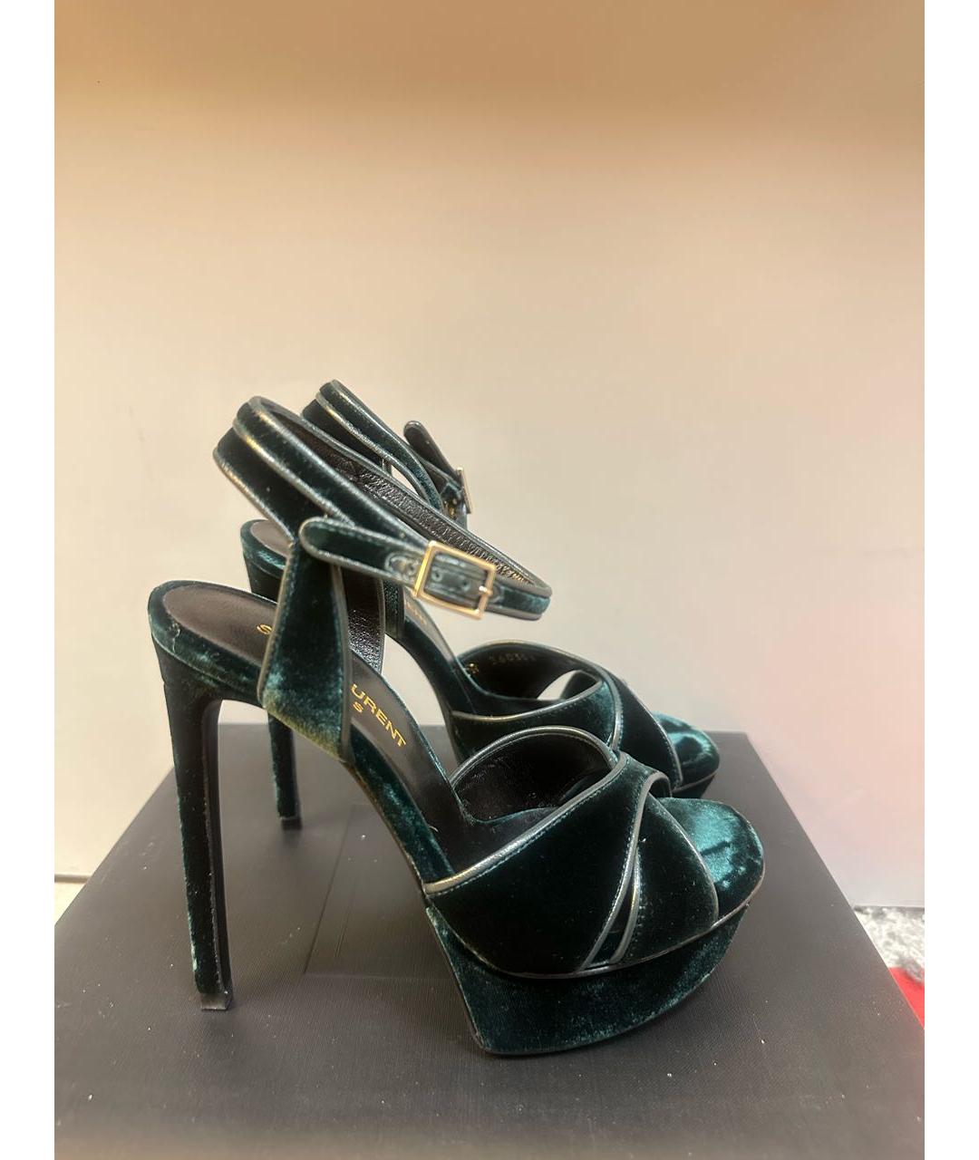 SAINT LAURENT Бирюзовые бархатные босоножки, фото 5