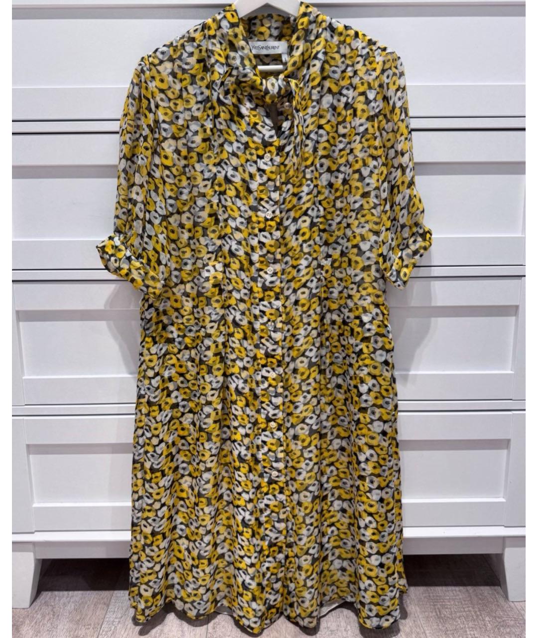 SAINT LAURENT Желтое шелковое повседневное платье, фото 6