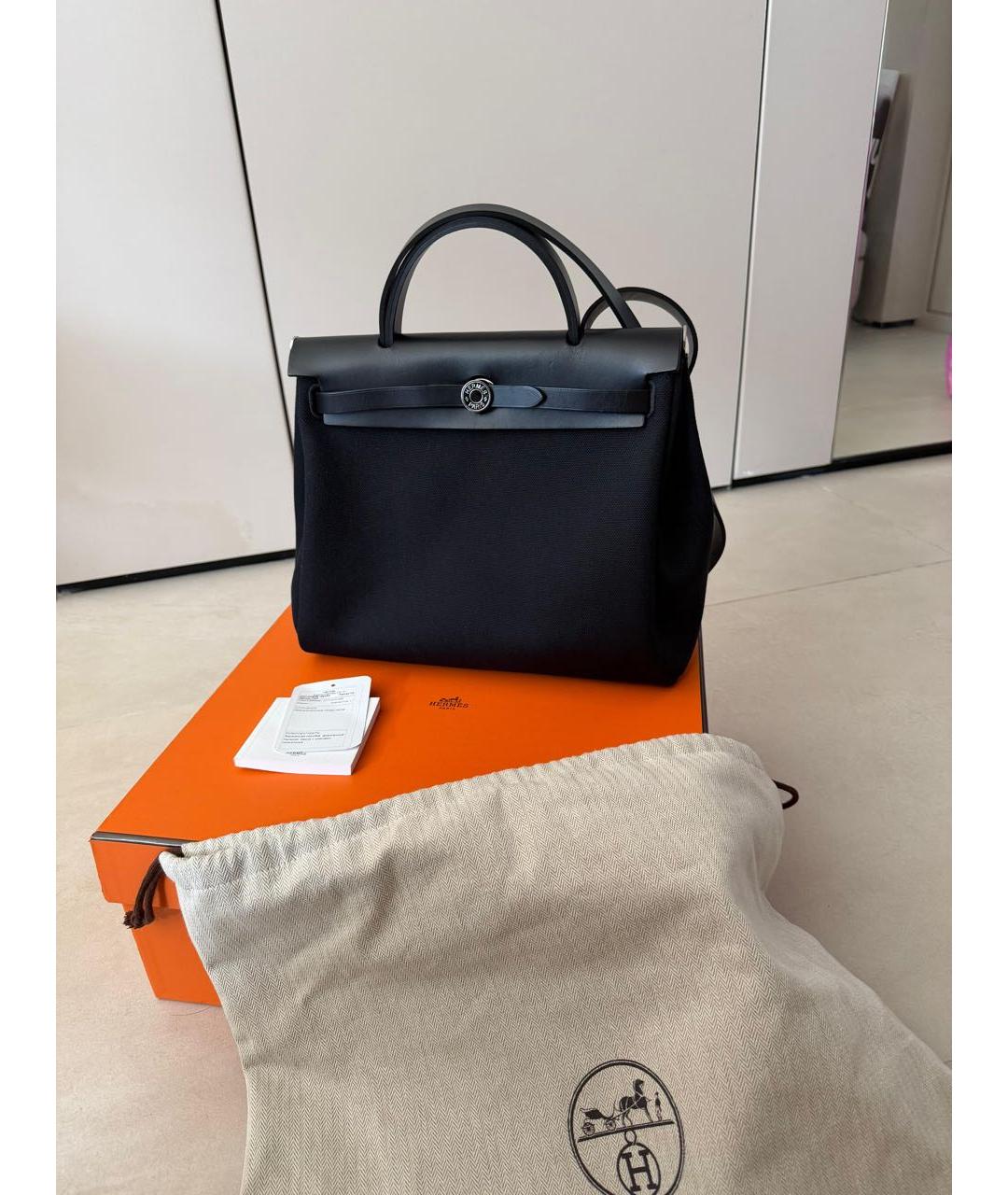 HERMES Черная льняная сумка тоут, фото 8