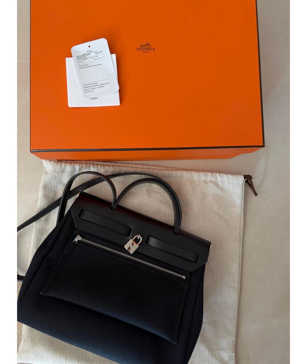 HERMES Черная льняная сумка тоут, фото 3