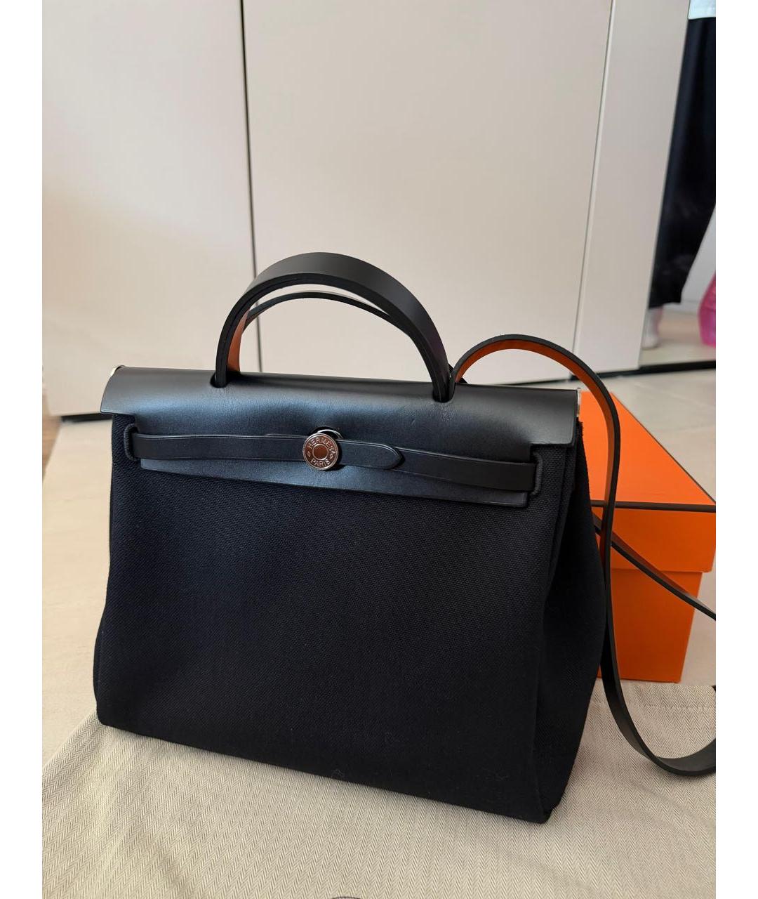 HERMES Черная льняная сумка тоут, фото 5