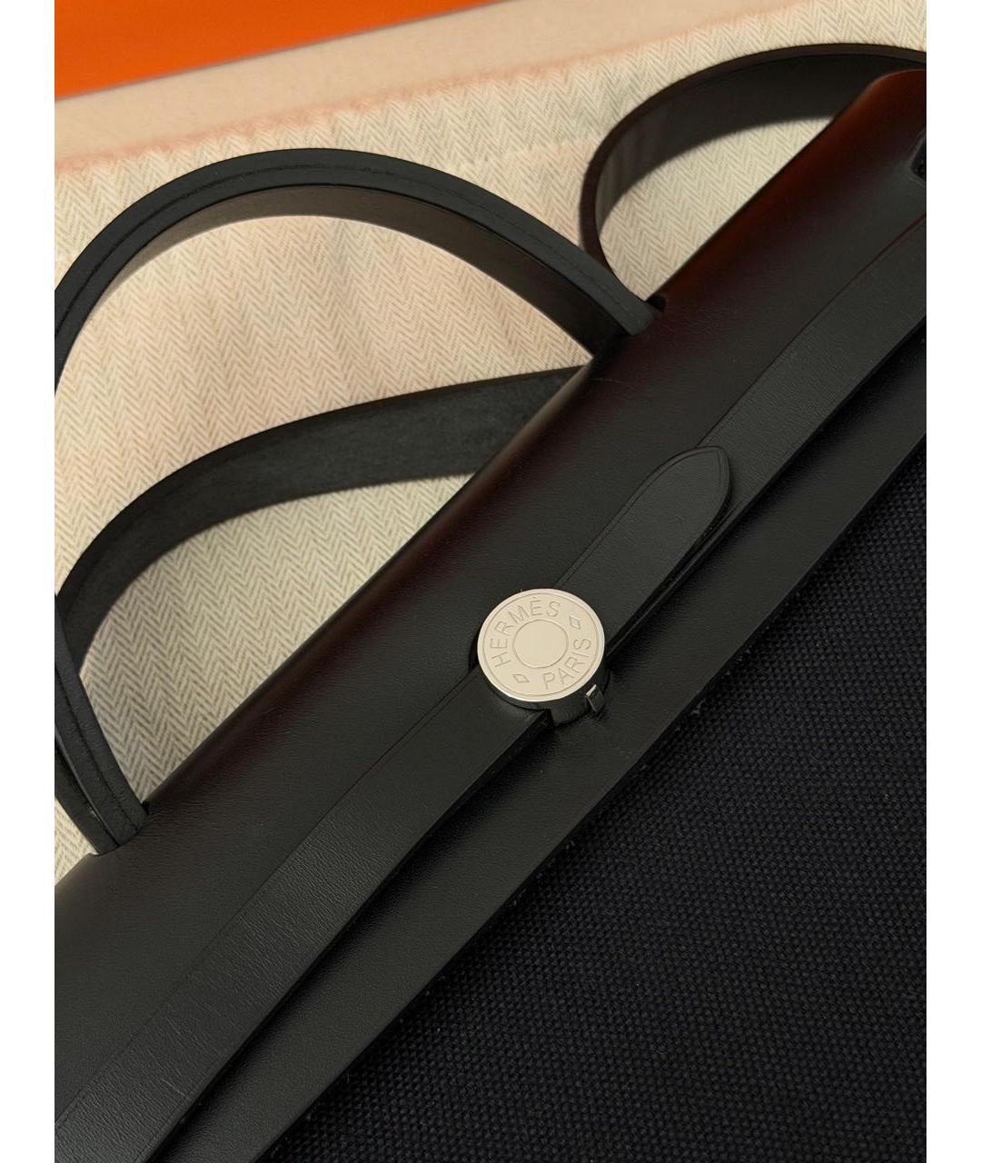 HERMES Черная льняная сумка тоут, фото 4