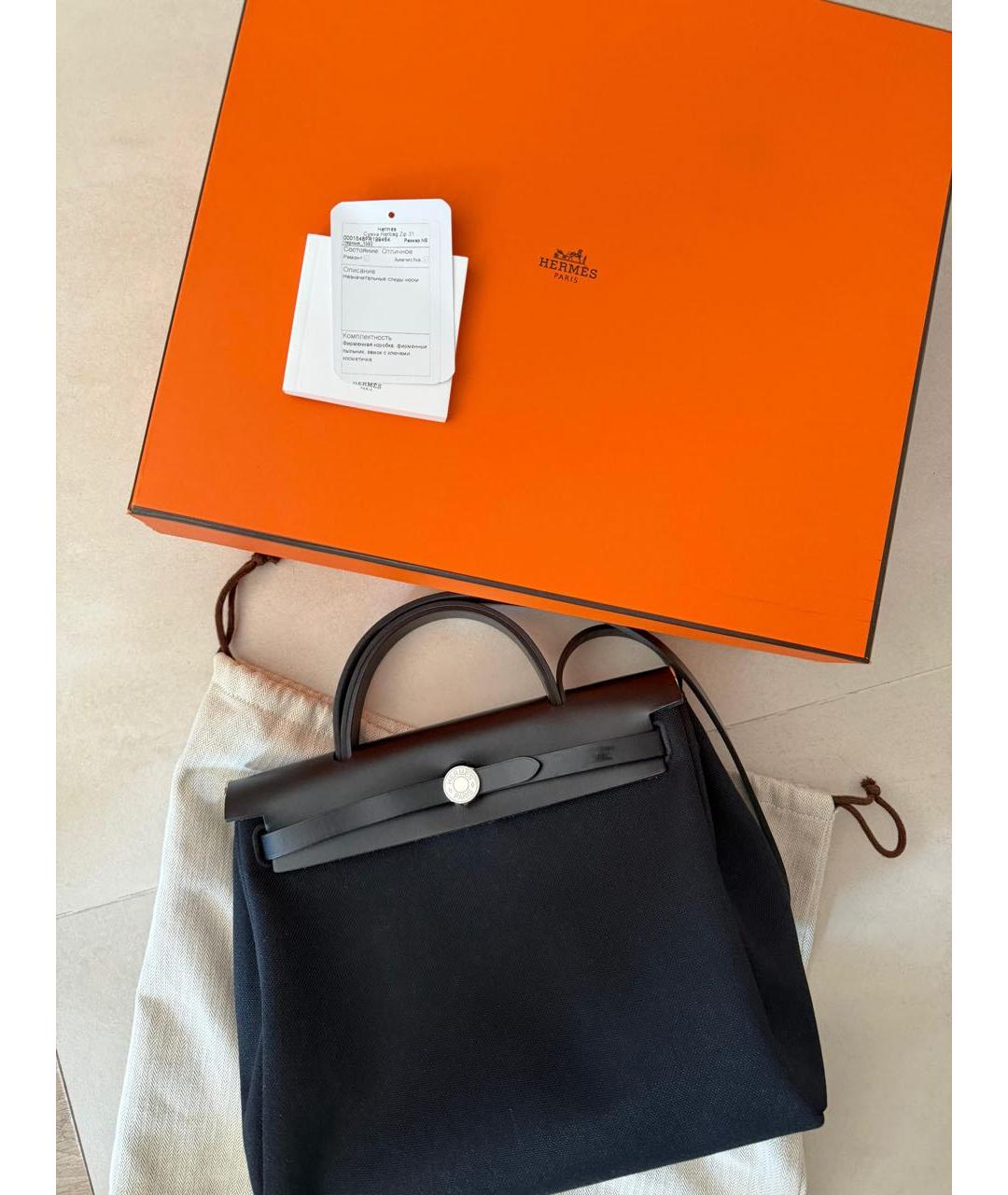 HERMES Черная льняная сумка тоут, фото 6