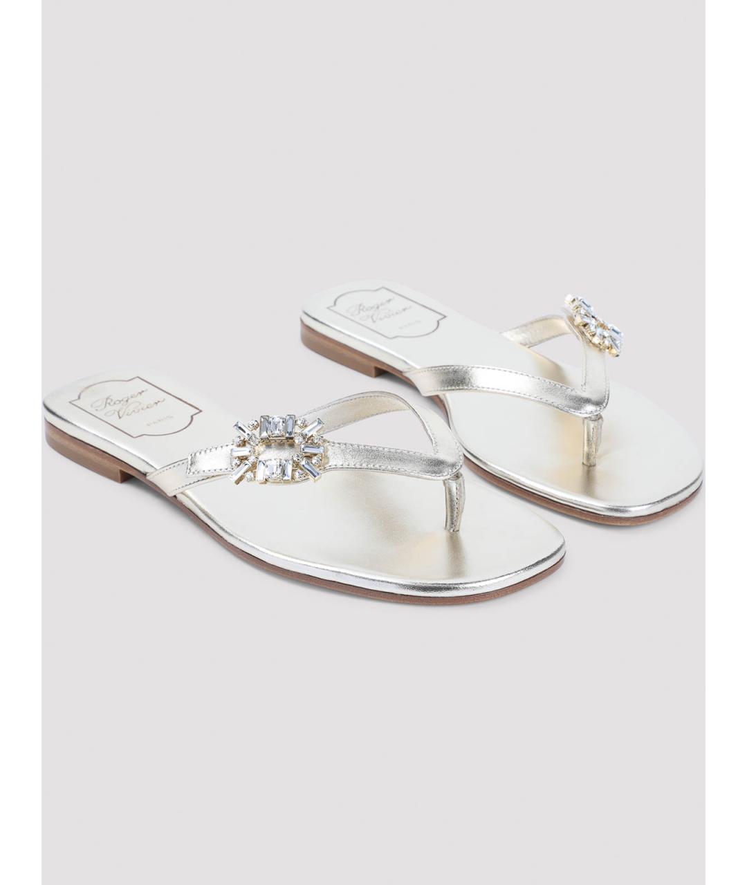 ROGER VIVIER Серебряные кожаные шлепанцы, фото 3