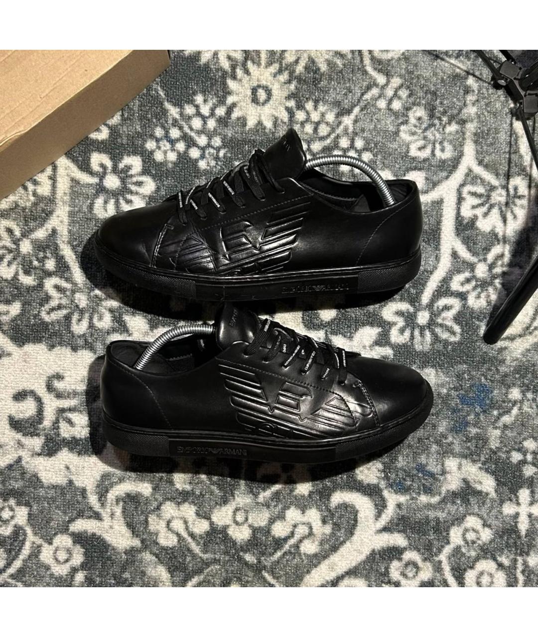 EMPORIO ARMANI Черные кожаные низкие кроссовки / кеды, фото 3