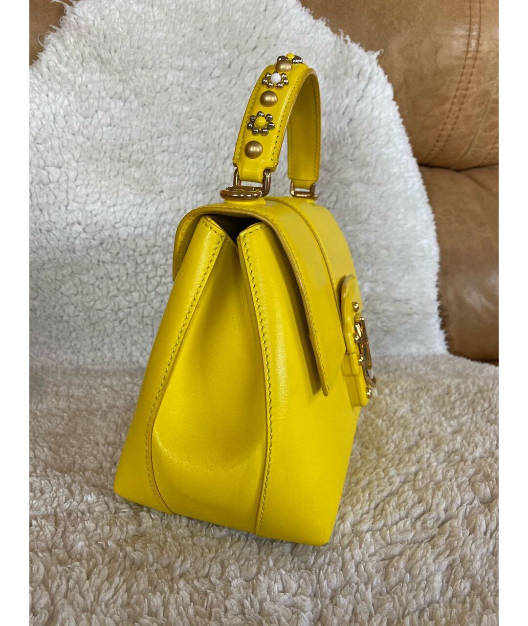 DOLCE&GABBANA Желтая кожаная сумка с короткими ручками, фото 2