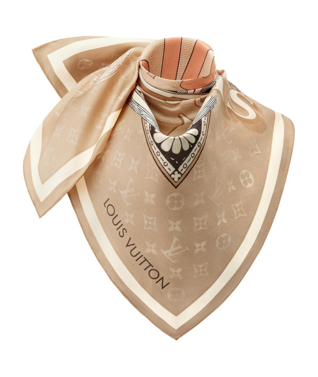 LOUIS VUITTON Бежевый шелковый шарф, фото 2
