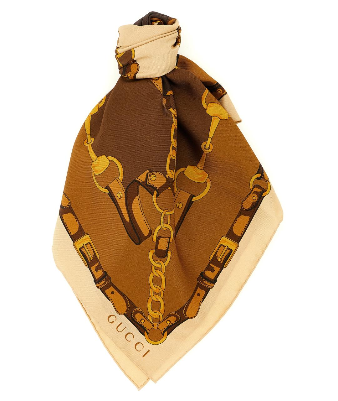 GUCCI Коричневый шелковый платок, фото 1