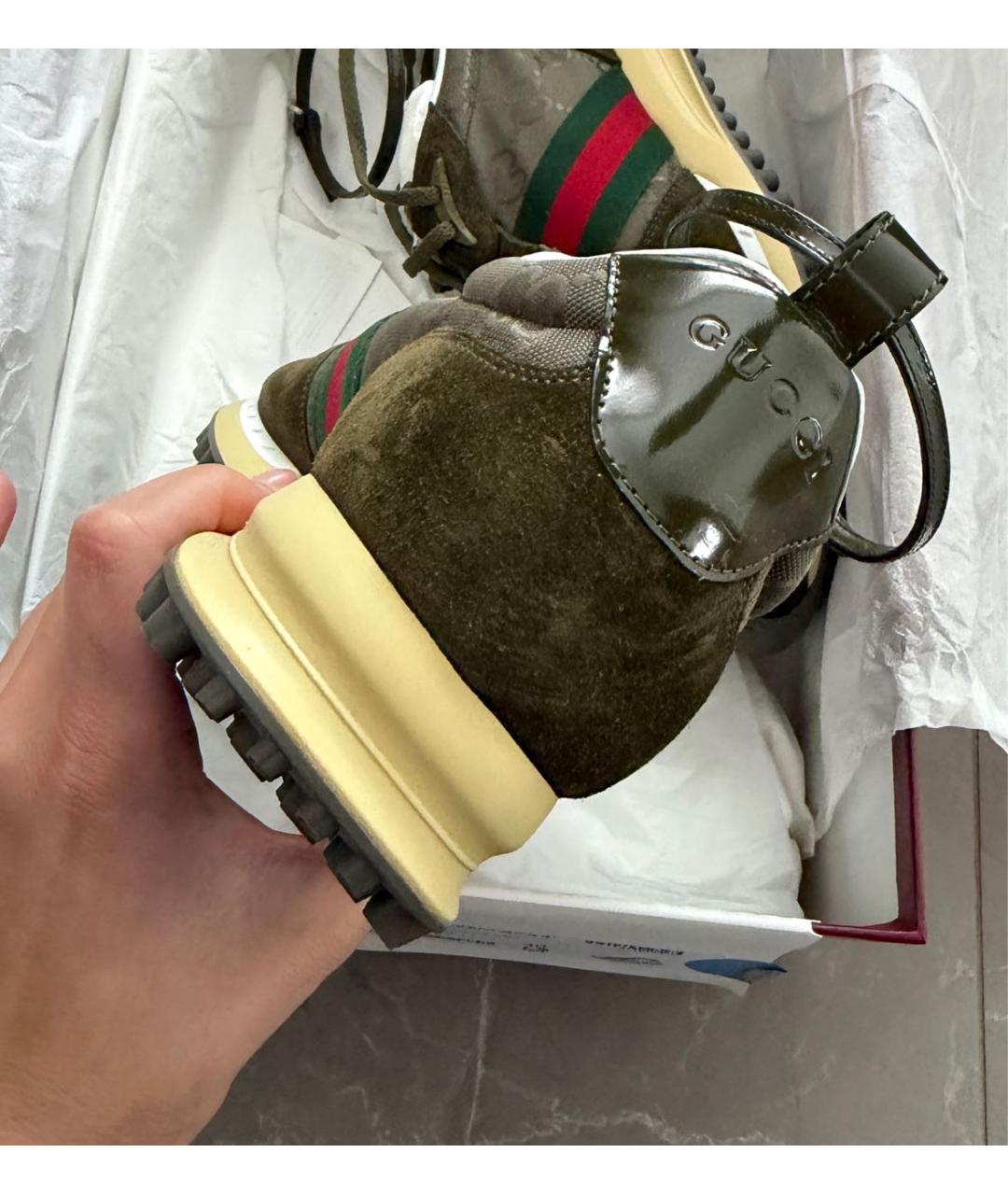 GUCCI Хаки кожаные кроссовки, фото 7