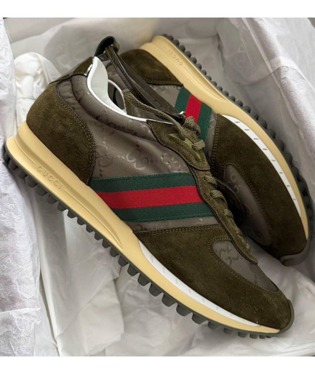 GUCCI Хаки кожаные кроссовки, фото 6