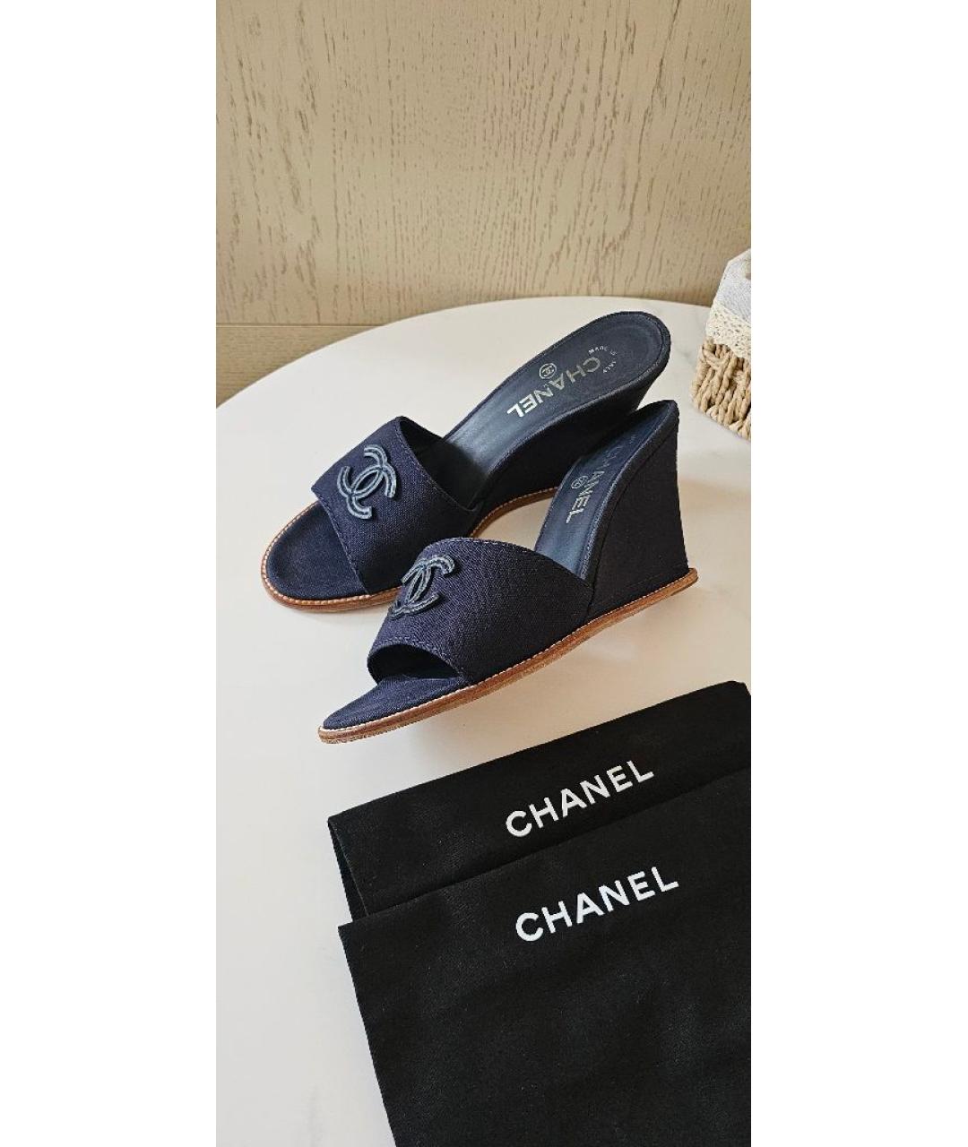 CHANEL Темно-синие текстильные мюли, фото 10