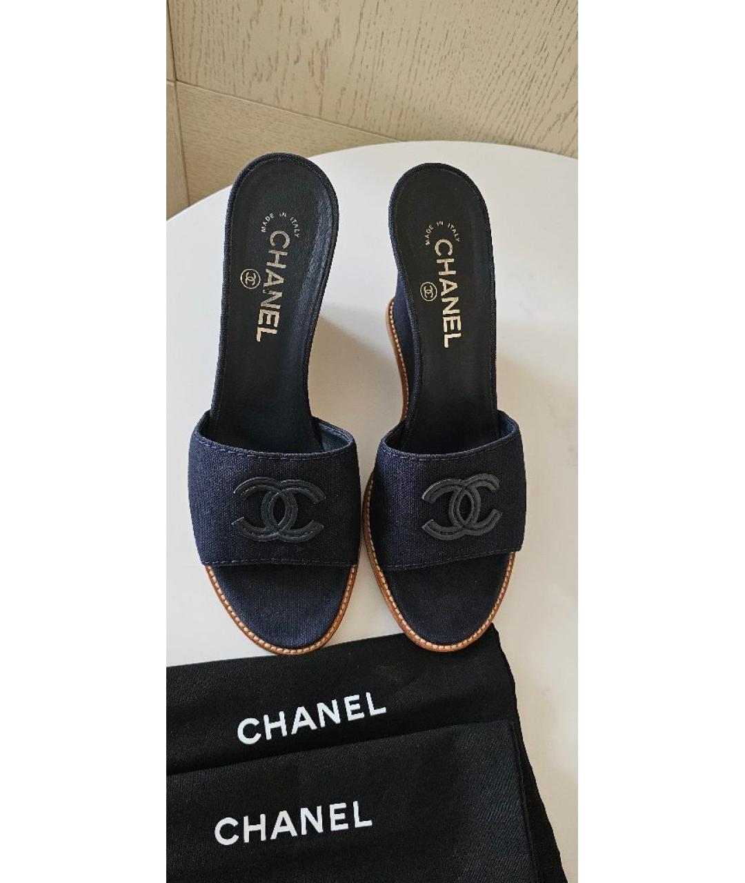 CHANEL Темно-синие текстильные мюли, фото 3