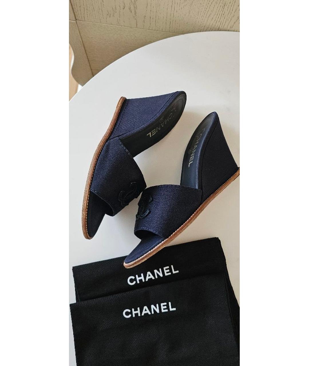 CHANEL Темно-синие текстильные мюли, фото 7