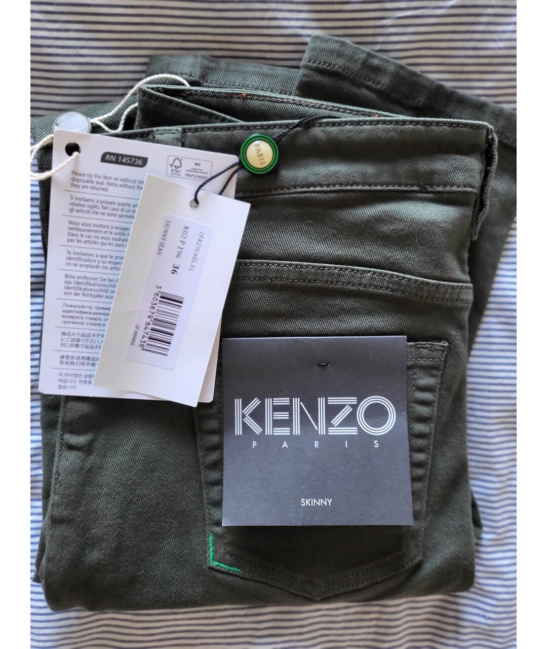 KENZO Хаки хлопко-эластановые джинсы слим, фото 6