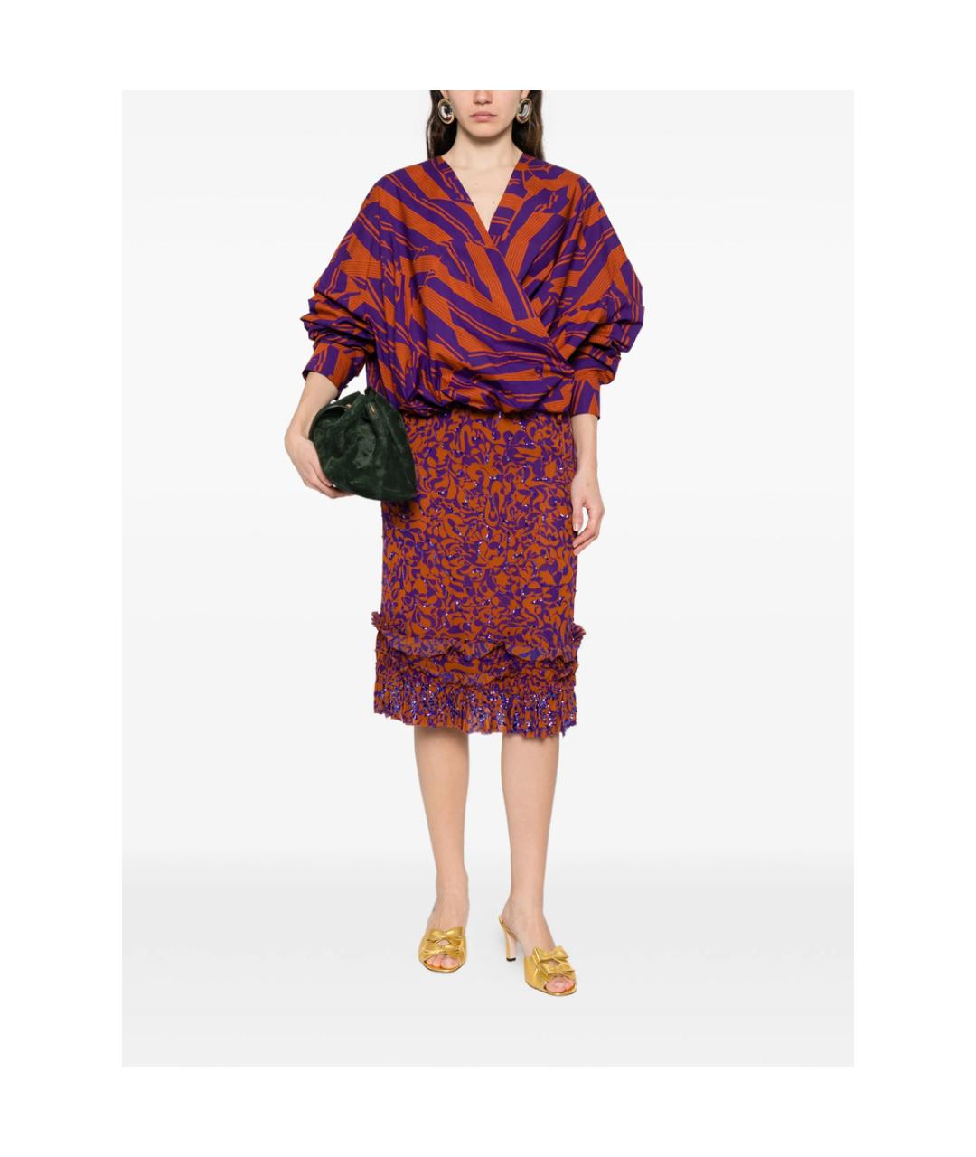 DRIES VAN NOTEN Коричневая шелковая юбка миди, фото 3