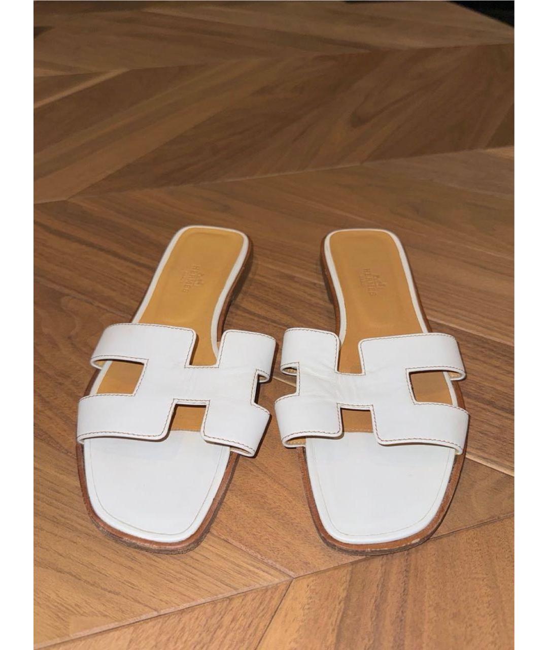 HERMES Белые кожаные шлепанцы, фото 7