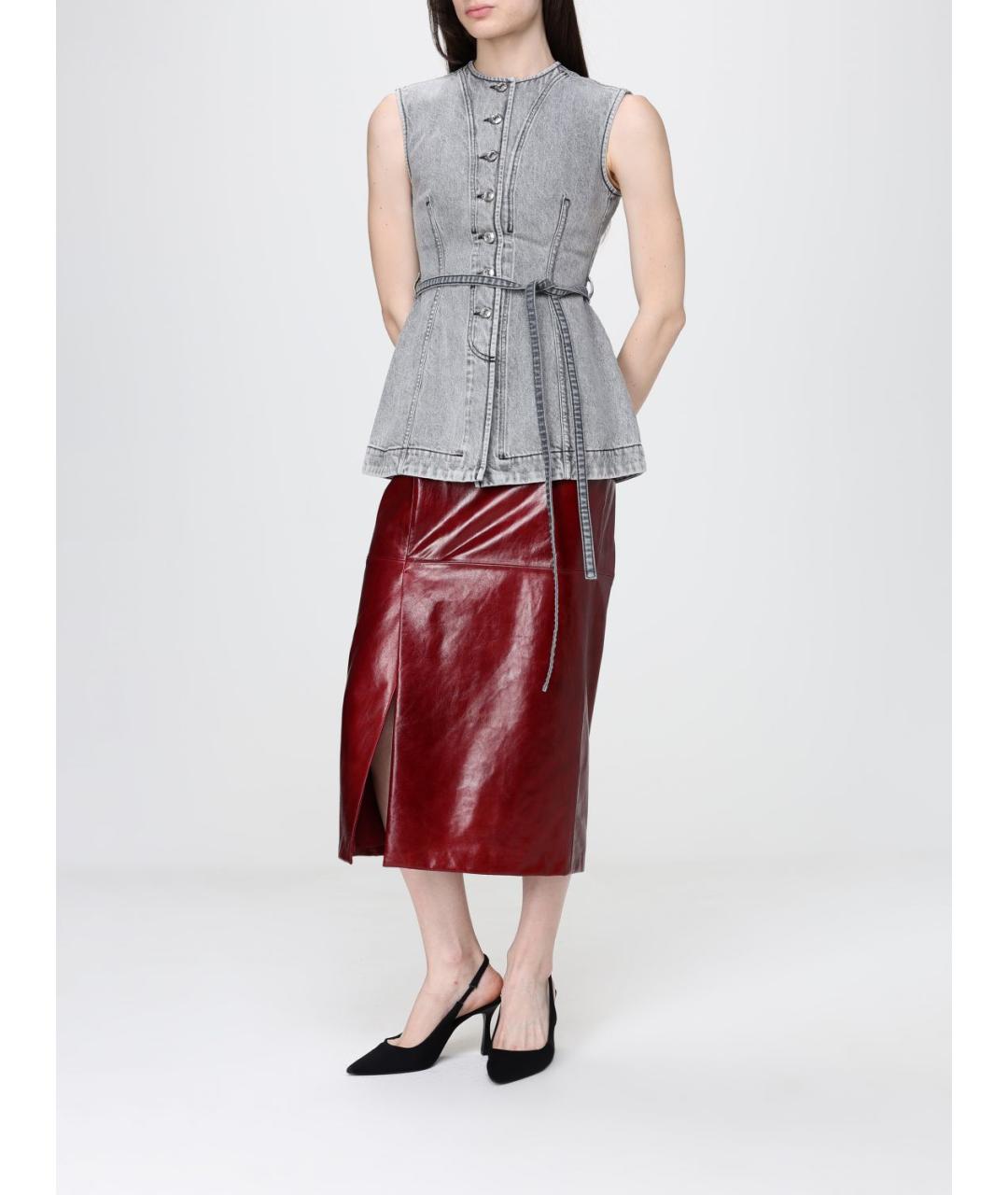 SPORTMAX Бордовая кожаная юбка миди, фото 2