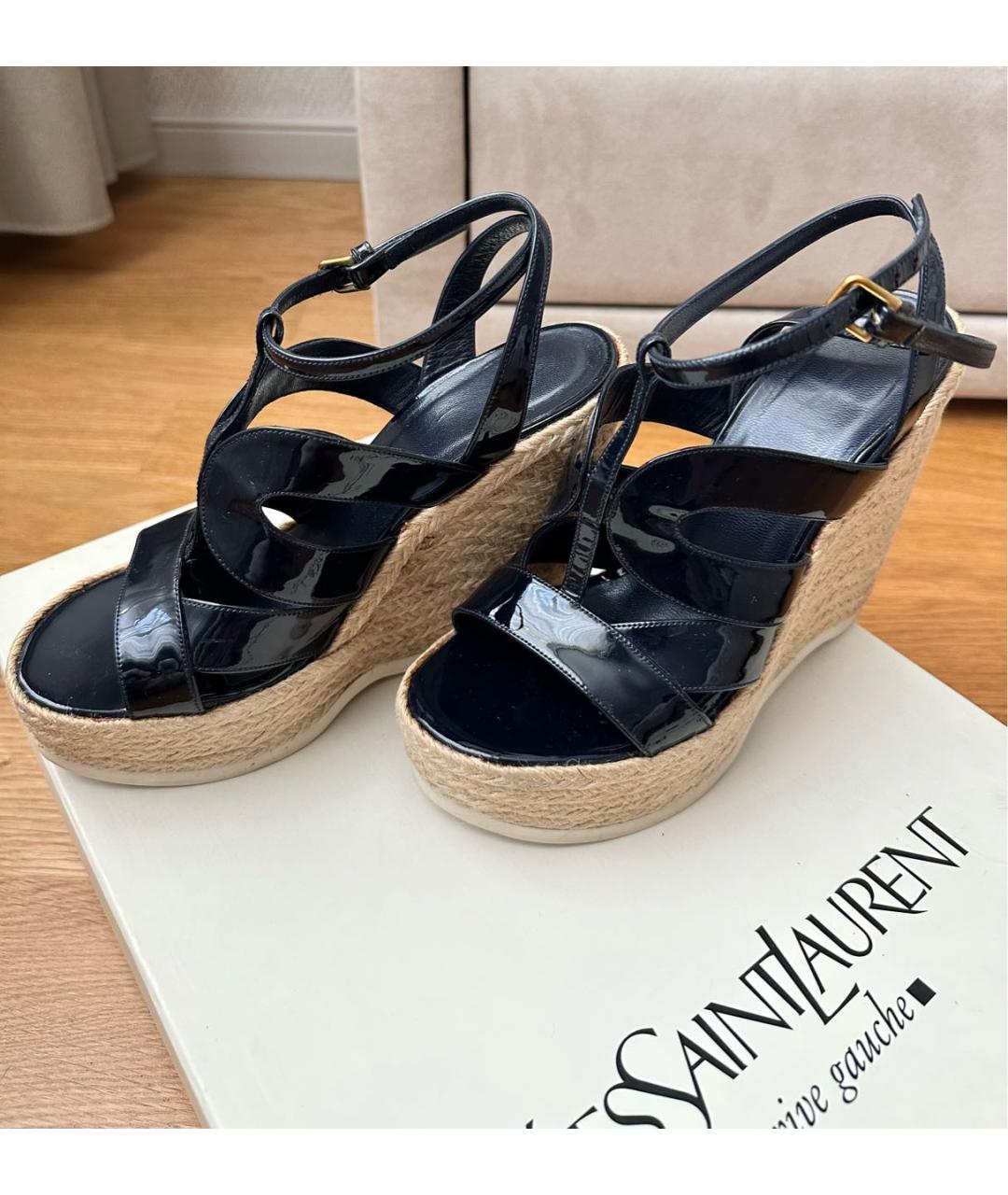 SAINT LAURENT Темно-синие кожаные босоножки, фото 4