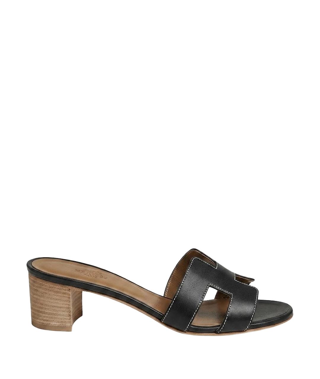 HERMES Черные кожаные шлепанцы, фото 1