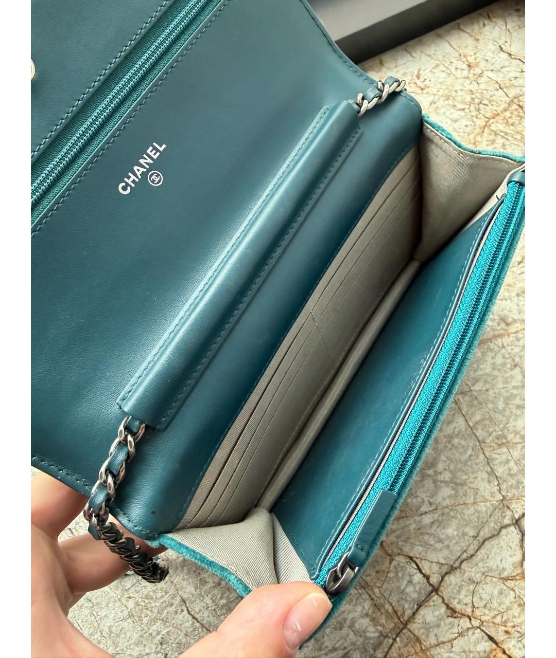 CHANEL Бирюзовая бархатная сумка через плечо, фото 4