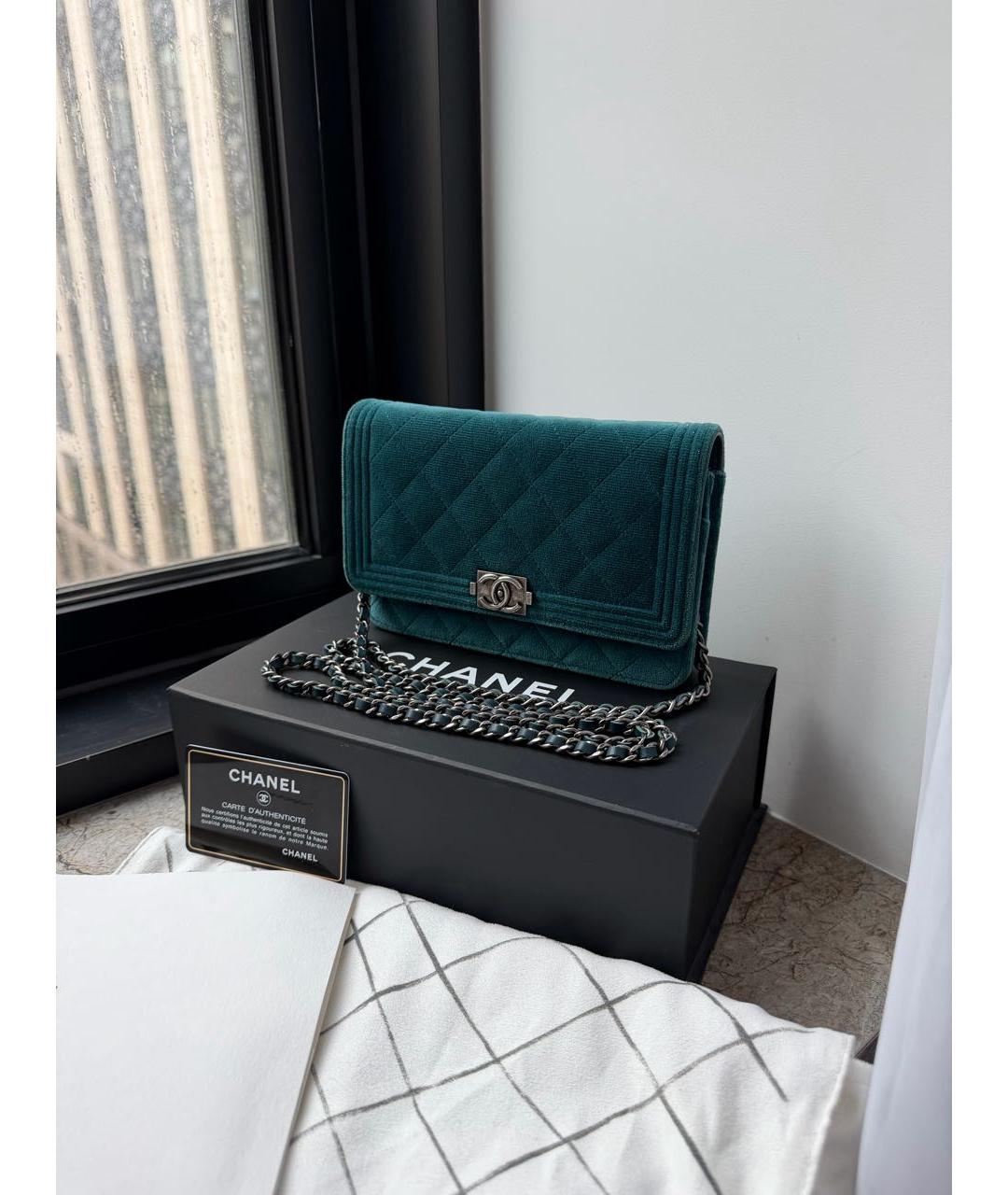 CHANEL Бирюзовая бархатная сумка через плечо, фото 2