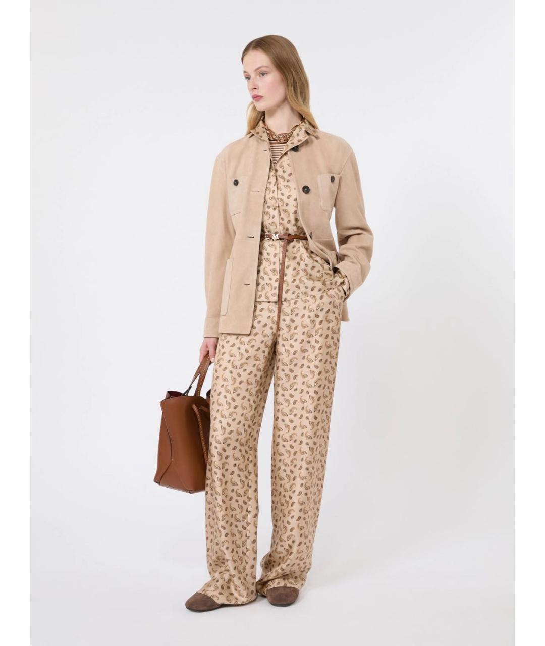 MAX MARA STUDIO Бежевые шелковые прямые брюки, фото 2