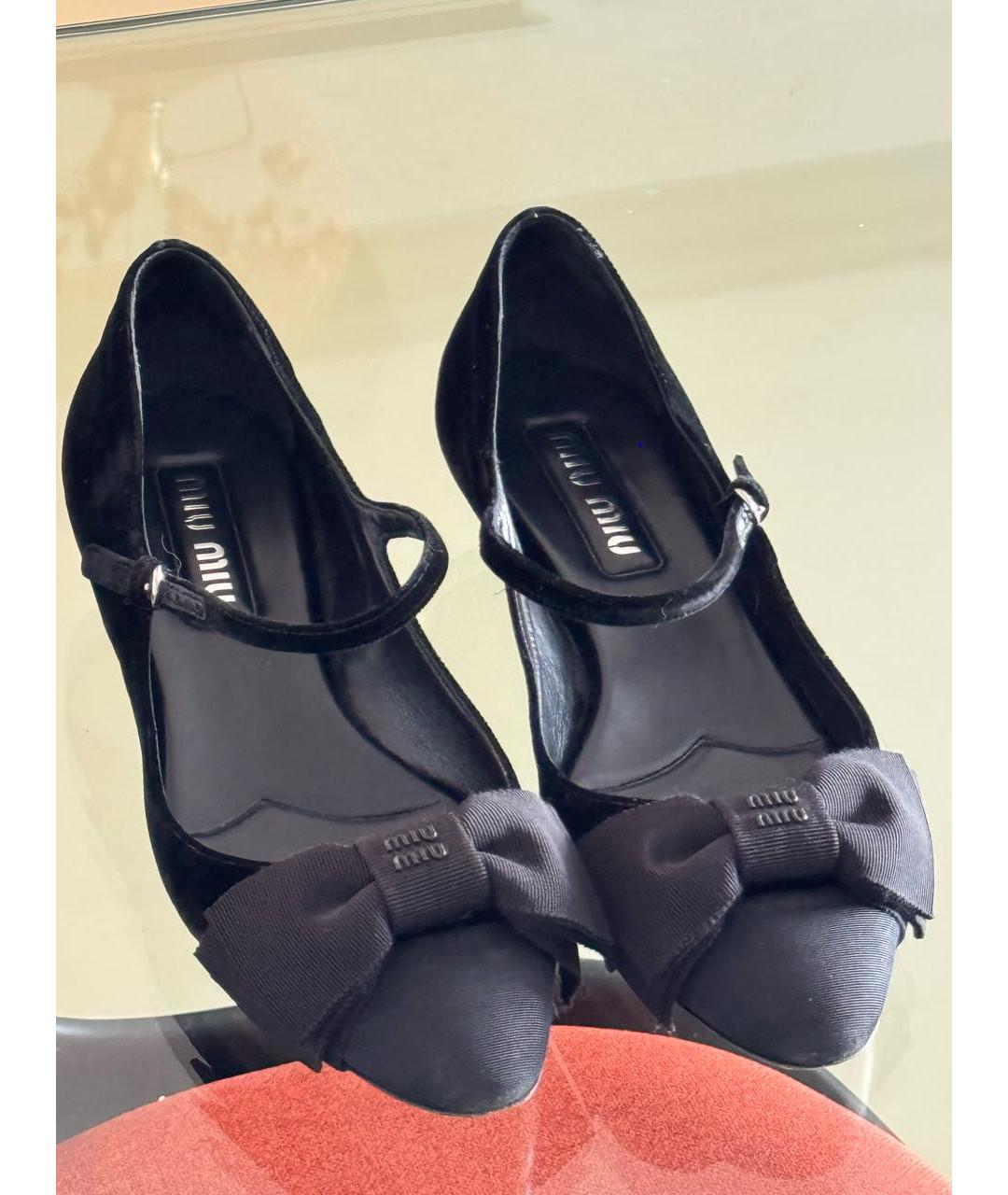MIU MIU Черные текстильные лодочки на низком каблуке, фото 5