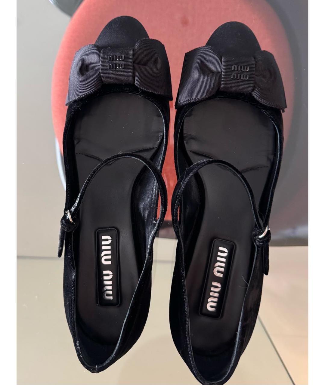 MIU MIU Черные текстильные лодочки на низком каблуке, фото 2