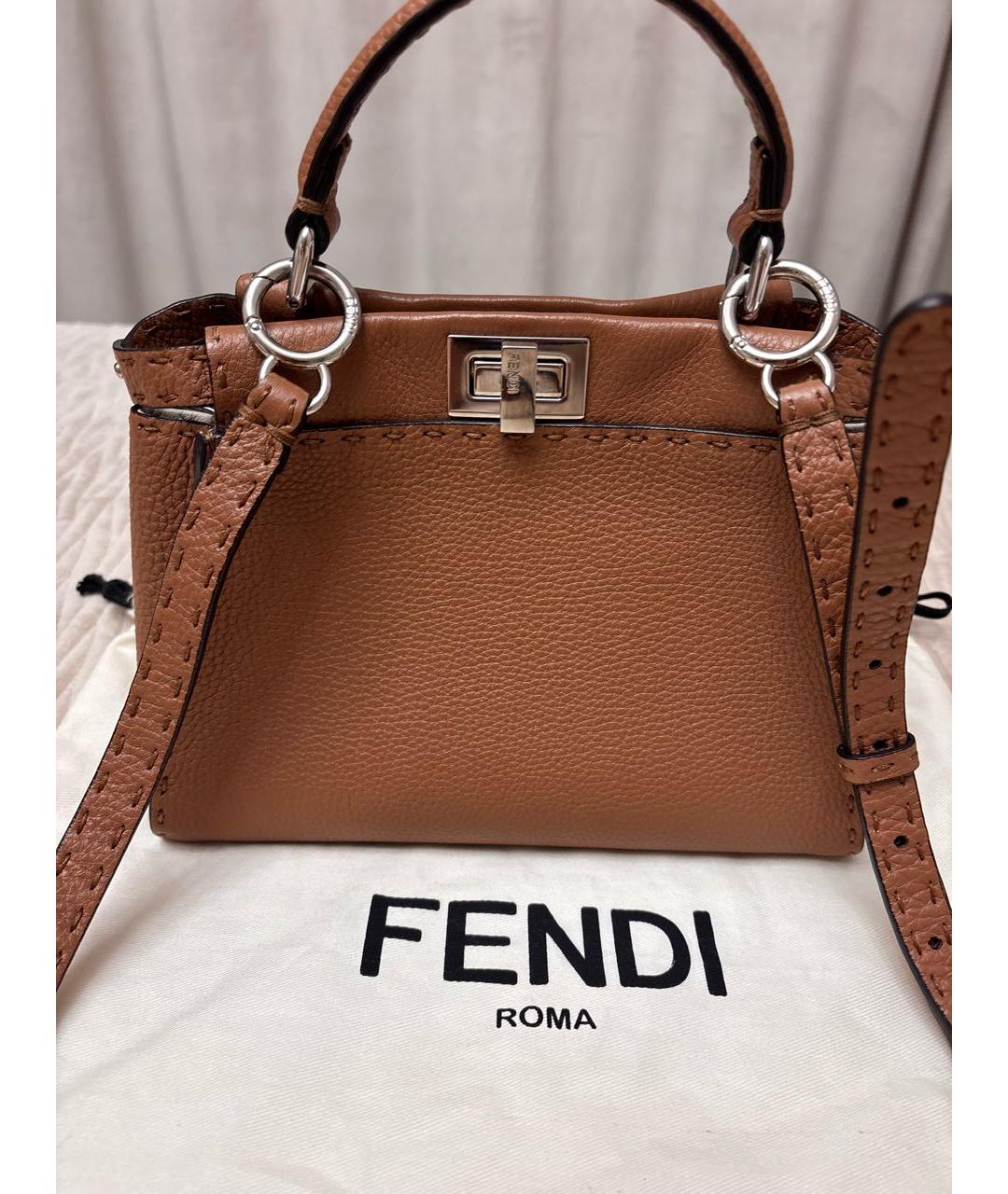 FENDI Коричневая кожаная сумка с короткими ручками, фото 7