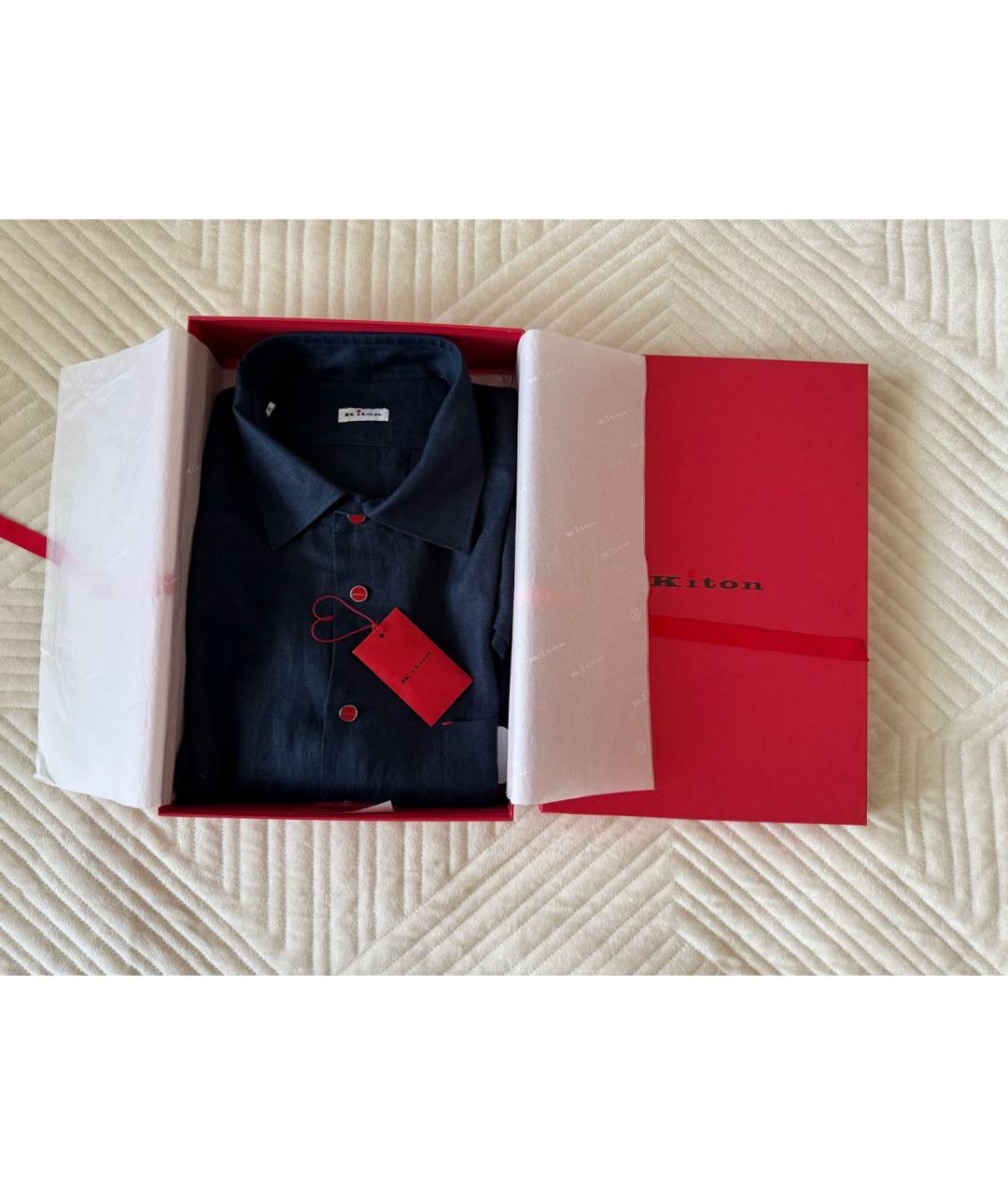 KITON Темно-синяя льняная кэжуал рубашка, фото 4
