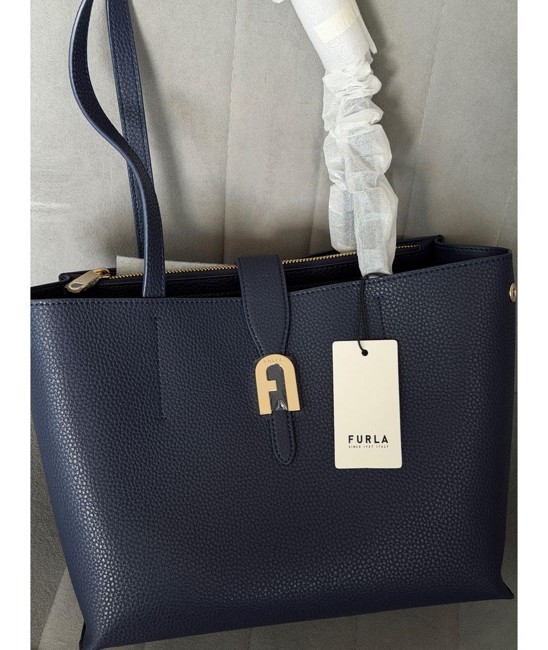 FURLA Темно-синяя кожаная сумка тоут, фото 9