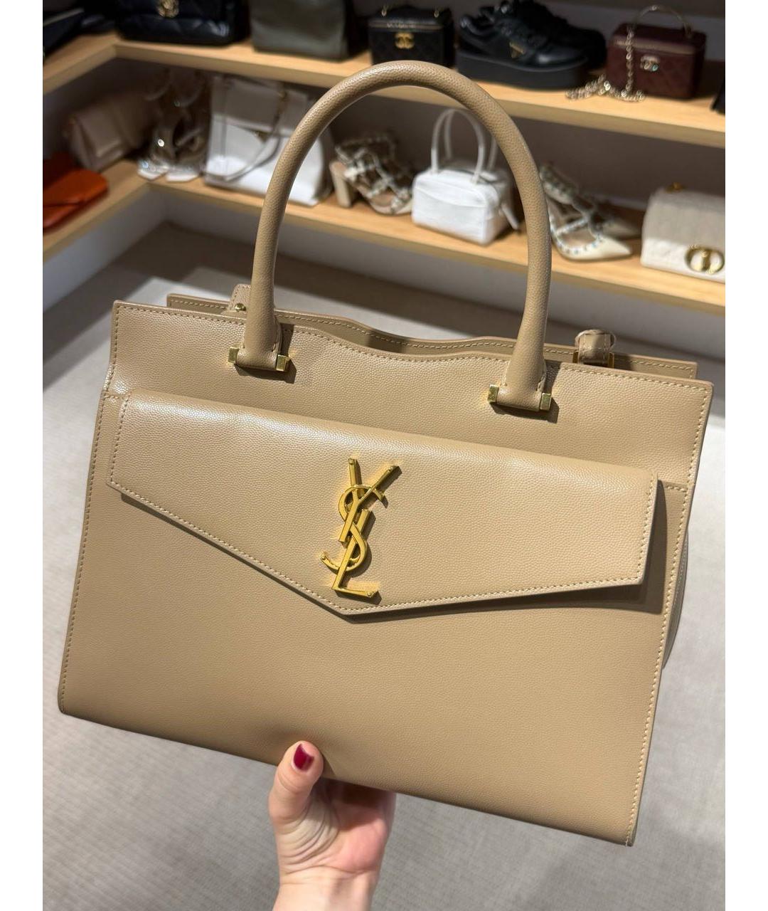 SAINT LAURENT Бежевая кожаная сумка с короткими ручками, фото 7