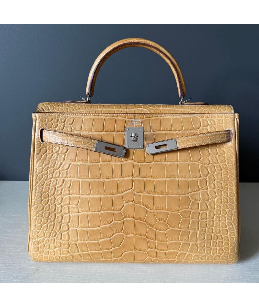 HERMES Горчичная сумка с короткими ручками из экзотической кожи, фото 4