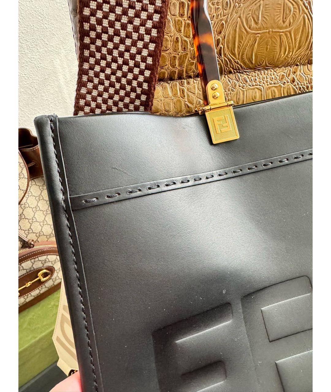 FENDI Черная кожаная сумка тоут, фото 5