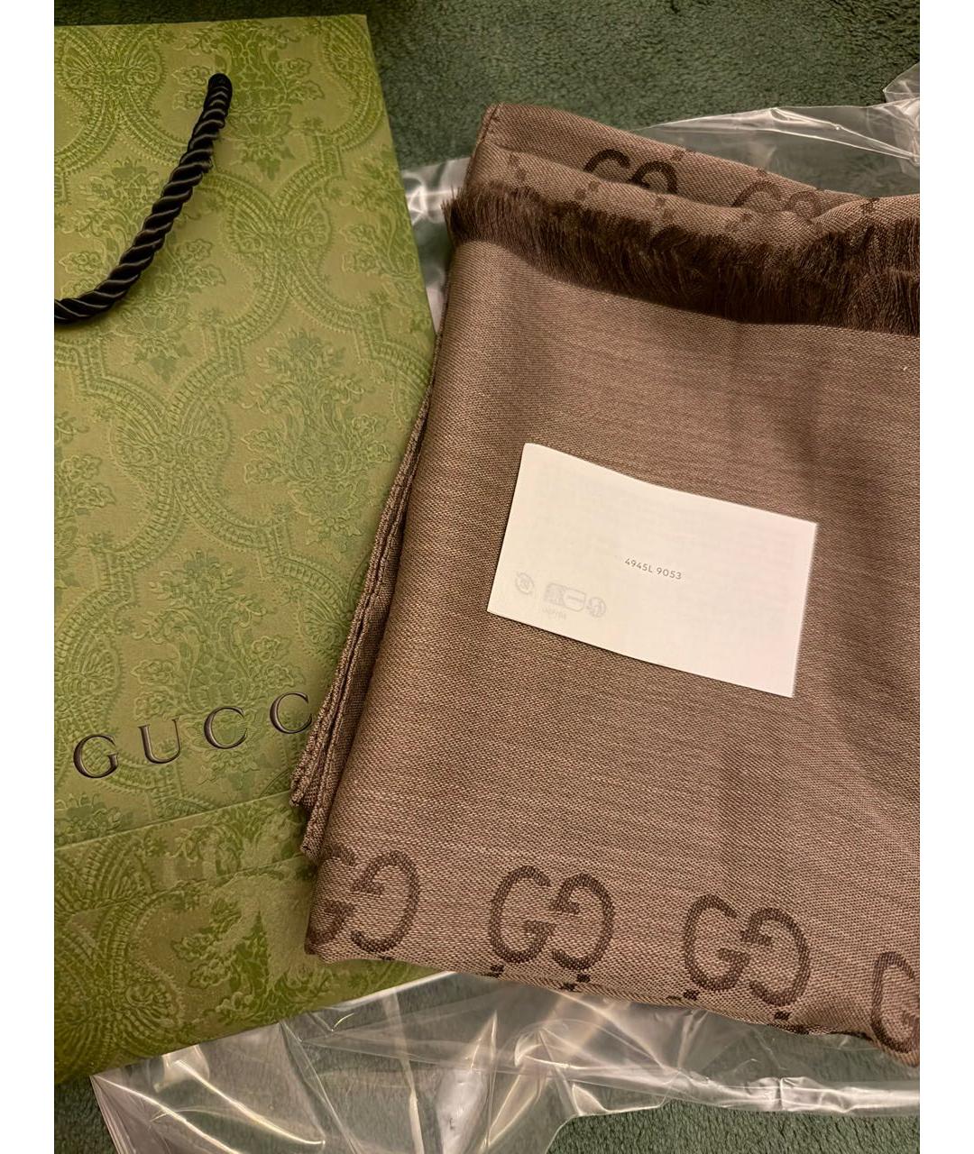 GUCCI Коричневый шерстяной шарф, фото 3