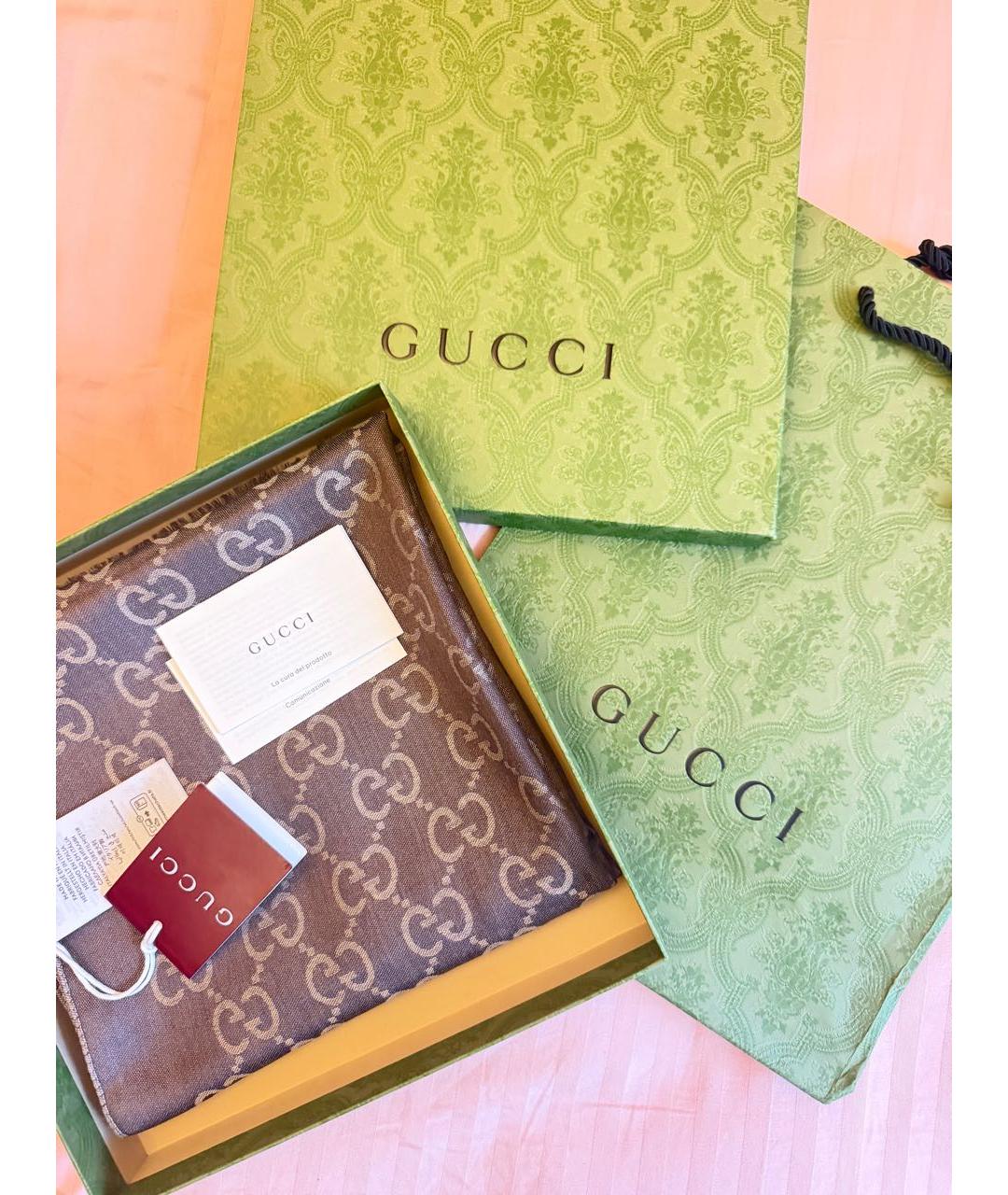 GUCCI Коричневый шерстяной шарф, фото 3